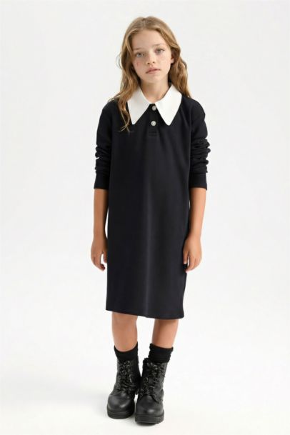 Girl Shirt Collar Basic Long Sleeve Black Dress