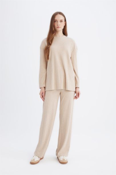 Regular Beli Lastikli Basic Düz Fit Fitilli Kaşkorse Geniş Paça Pantolon