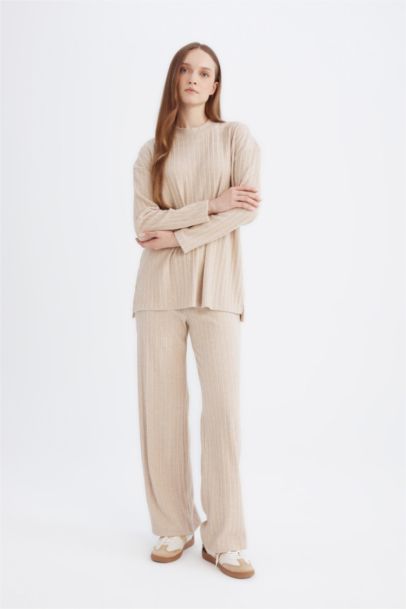 Regular Beli Lastikli Basic Düz Fit Fitilli Kaşkorse Geniş Paça Pantolon