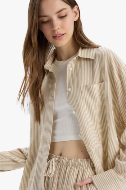 Oversize Fit Shirt Collar Linen Blended Striped Long Sleeve Shirt