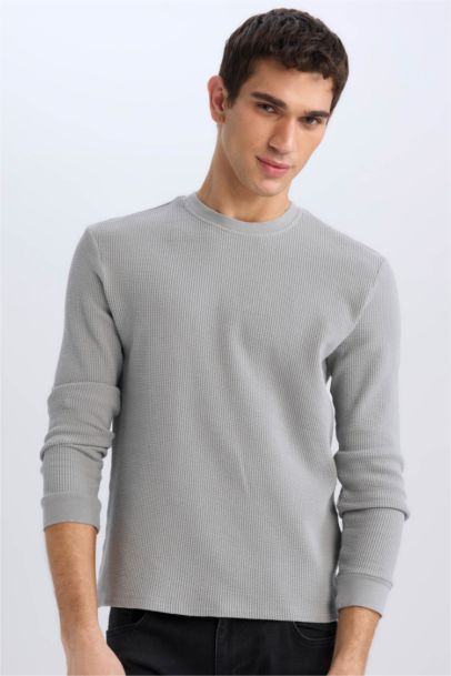 Regular Fit Crew Neck Long Sleeve Waffle T-Shirt