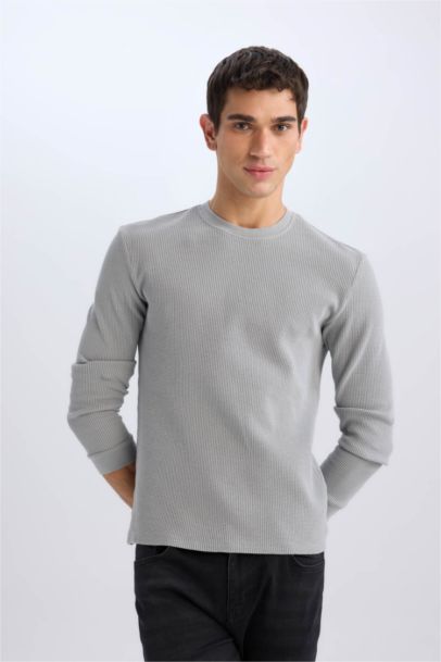 Regular Fit Crew Neck Long Sleeve Waffle T-Shirt