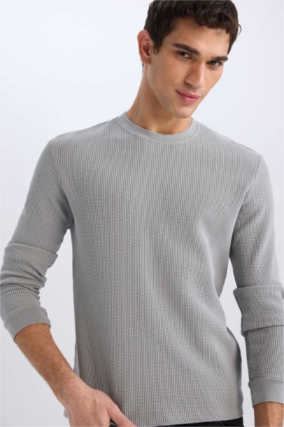 Regular Fit Crew Neck Long Sleeve Waffle T-Shirt