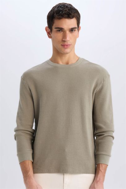 Regular Fit Crew Neck Long Sleeve Waffle T-Shirt