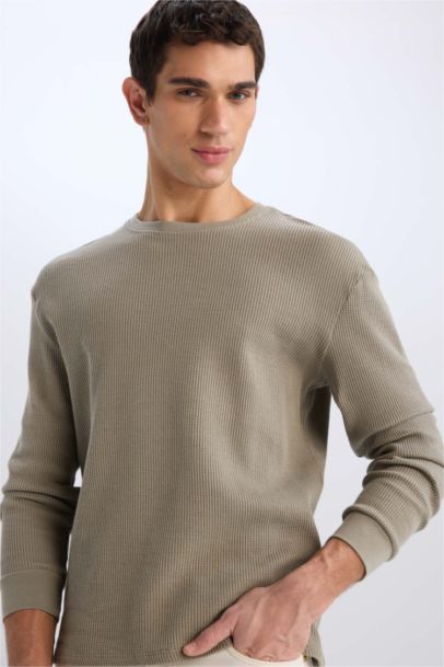 Regular Fit Crew Neck Long Sleeve Waffle T-Shirt