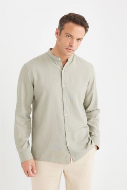 قميص كم طويل قطن قصة عادية بياقة عالية من مزيج الكتان