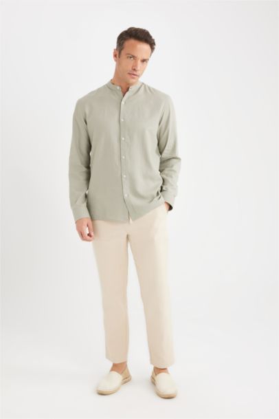 قميص كم طويل قطن قصة عادية بياقة عالية من مزيج الكتان