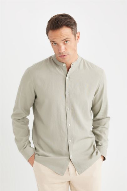 قميص كم طويل قطن قصة عادية بياقة عالية من مزيج الكتان