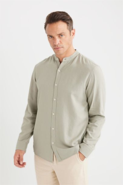 قميص كم طويل قطن قصة عادية بياقة عالية من مزيج الكتان