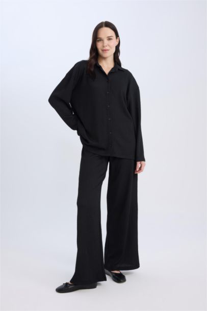 Straight Fit Elastic Waist Basic Crepe Wide Leg Trousers