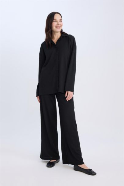 Straight Fit Elastic Waist Basic Crepe Wide Leg Trousers