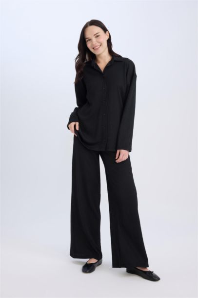 Straight Fit Elastic Waist Basic Crepe Wide Leg Trousers