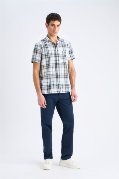 Летняя рубашка с воротником-поло, regular fit, в клетку, с коротким рукавом