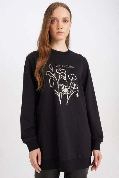 Regular Fit Crew Neck Floral Printed Sweatshirt Tunic