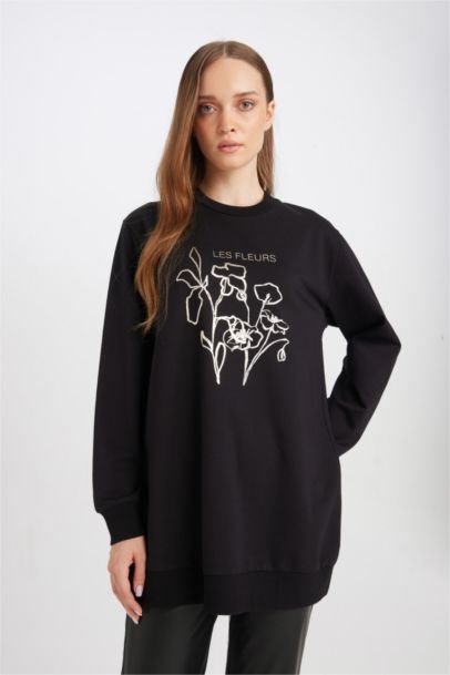 Regular Fit Crew Neck Floral Printed Sweatshirt Tunic