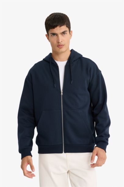 Comfort Fit Kapüşonlu İçi Yumuşak Tüylü Basic Düz Cepli Kalın Fermuarlı Sweatshirt