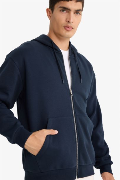 Comfort Fit Kapüşonlu İçi Yumuşak Tüylü Basic Düz Cepli Kalın Fermuarlı Sweatshirt