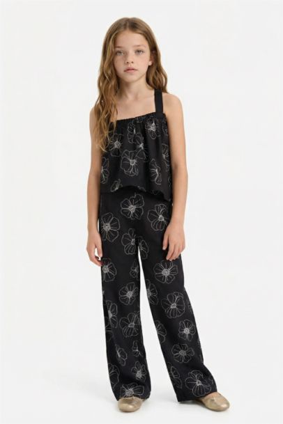 Girl Patterned Wide Leg Cotton Trousers