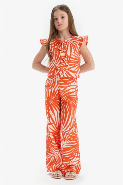 Wide Leg Geniş Paça Desenli Beli Lastikli Pamuklu Pantolon Kız Çocuk