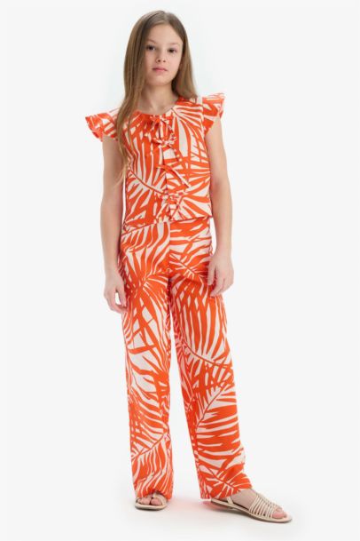 Wide Leg Geniş Paça Desenli Beli Lastikli Pamuklu Pantolon Kız Çocuk