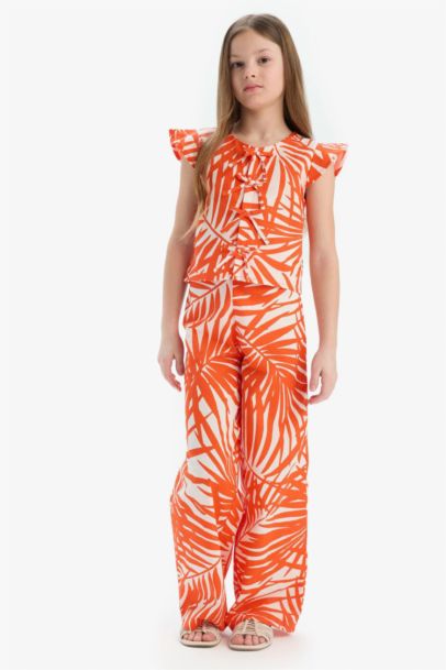 Wide Leg Geniş Paça Desenli Beli Lastikli Pamuklu Pantolon Kız Çocuk