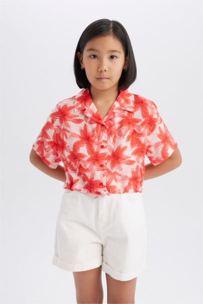 Girl Patterned Short Sleeve Crop Shirt