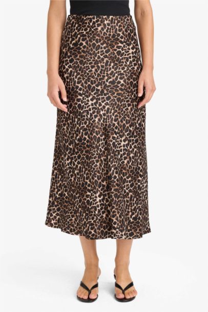 A Kesim Normal Bel Leopar Desenli Saten Midi Etek