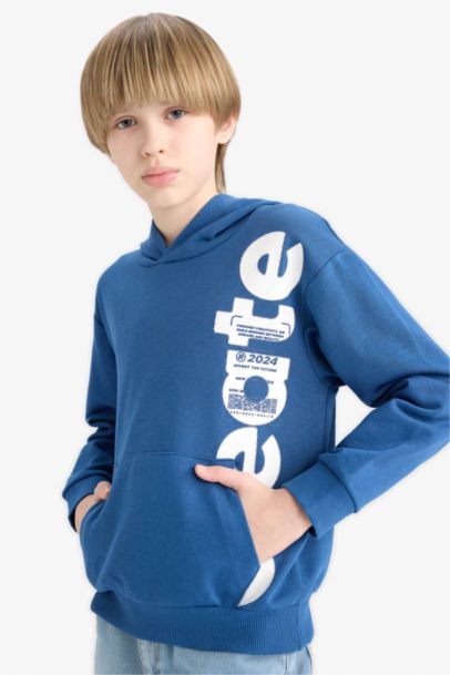 سويت شيرت ولادي قصة عادية بغطاء للرأس بجيب