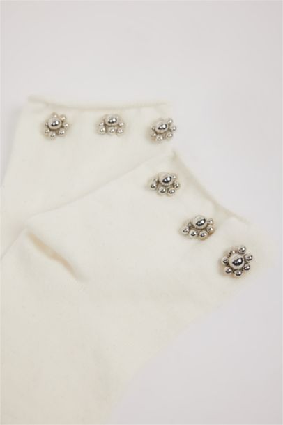 Kadın Dikişsiz Çiçek Taşlı Penye Pamuklu Premium Soket Çorap