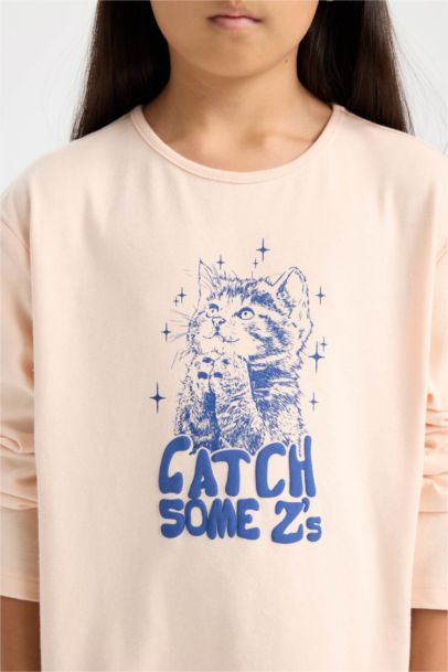 طقم بيجاما بناتي رمادي قصة عادية - قطعتين