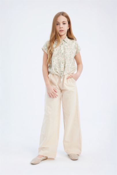 Girl Cotton Patterned Short Sleeve Crop Shirt