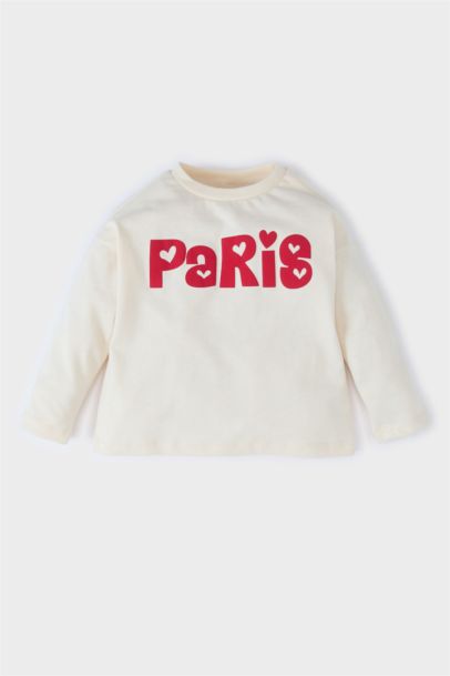 تيشيرت بنات بكم طويل مطبوع برقبة مستديرة