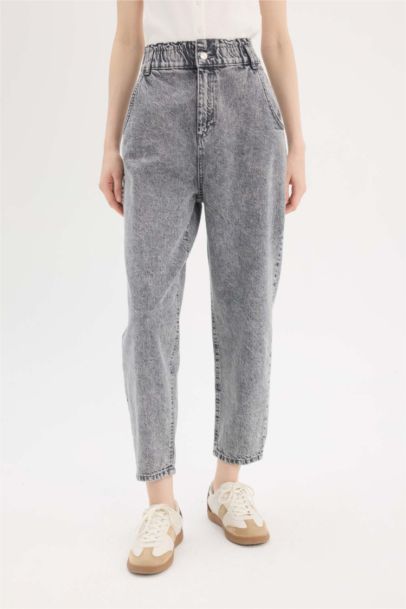 Pantalon Jean paperbag taille haute à jambes larges