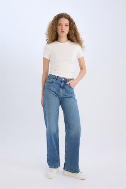 90's Wide Leg Yüksek Bel Geniş Paça Uzun Jean Kar Yıkamalı Pantolon