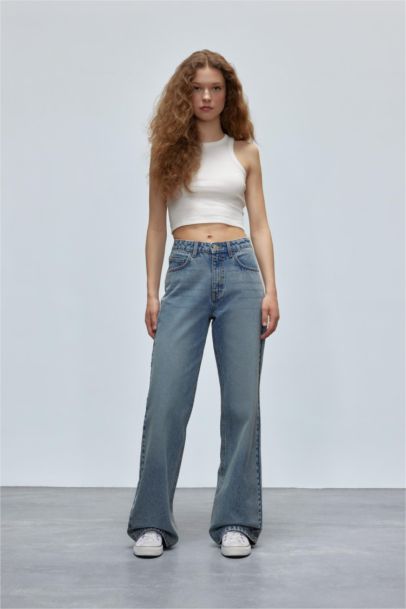 Straight Wide Yüksek Bel Geniş Paça Uzun Jean Pantolon