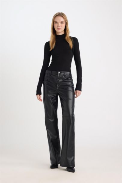 Straight Fit Faux Leather High Waist Trousers
