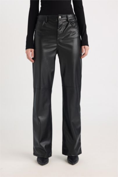 Straight Fit Faux Leather High Waist Trousers