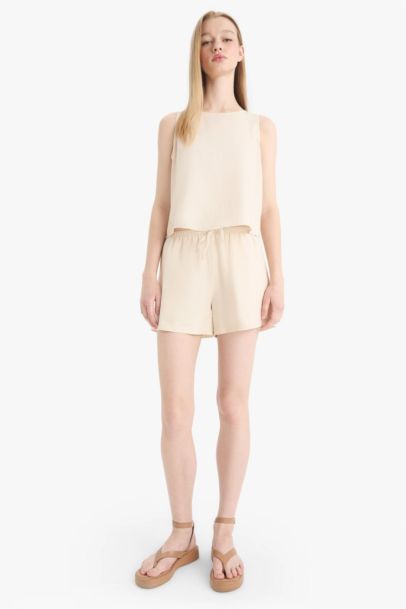 Regular Fit Linen Blended Normal Waist Short Leg Shorts