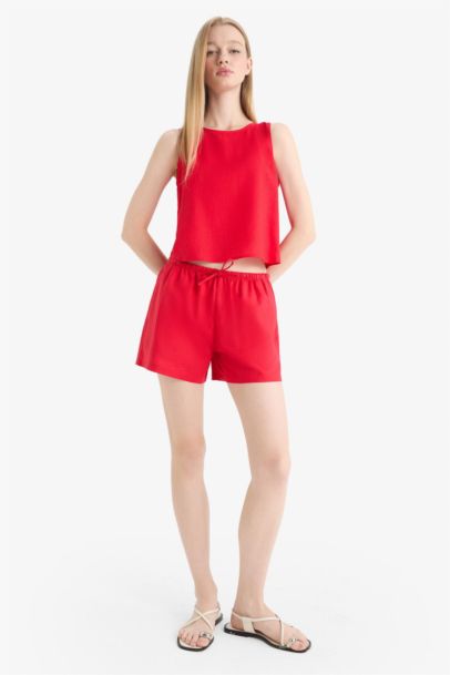 Regular Fit Linen Blended Normal Waist Short Leg Shorts