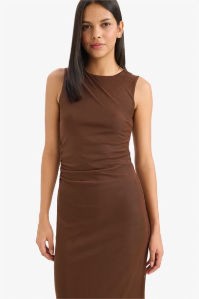 Bodycon Vücudu Saran Yuvarlak Yaka Tül Kolsuz Midi Elbise