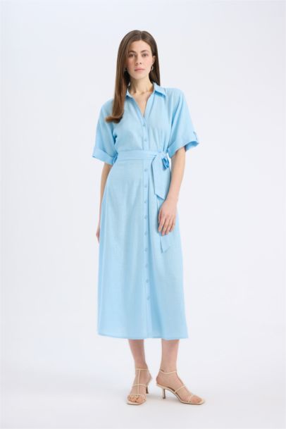 Shirt Collar Linen Blended Midi Dress