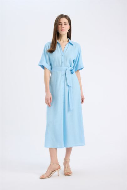 Shirt Collar Linen Blended Midi Dress