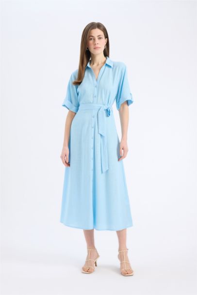 Shirt Collar Linen Blended Midi Dress