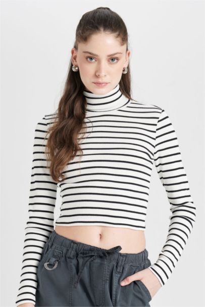 Fitted Çizgili Fitilli Kaşkorse Balıkçı Yaka Uzun Kollu Tişört