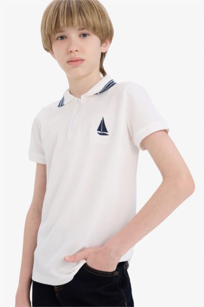 Polo Yaka Nakışlı Pike Kısa Kollu Tişört Erkek Çocuk