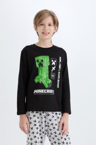 Erkek Çocuk Minecraft Pijama Takımı Uzun Kollu Üst Beli Lastikli Uzun Alt