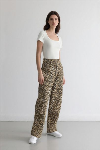 Широкие брюки с леопардовым принтом, высокая талия, стандартная длина из габардина