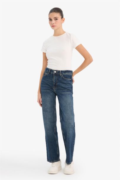 Jean délavé longueur cheville à taille haute Coupe droite