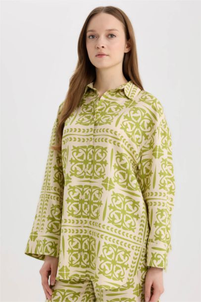 Relax Fit Printed Linen Blend Long Sleeve Tunic