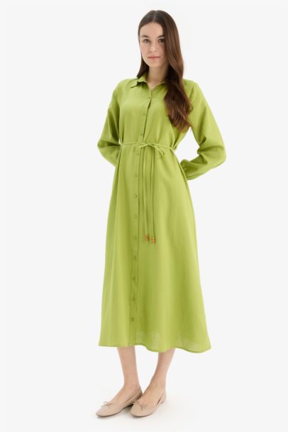 Shirt Collar Linen Blend Long Sleeve Dress